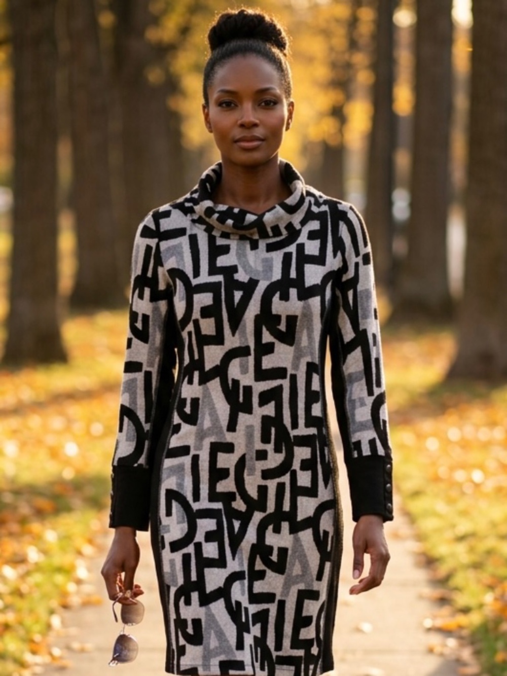 Dolcezza Chic Cozy Black Gray Abstract Cowl Neck Long Sleeve Sweater Dress-M
